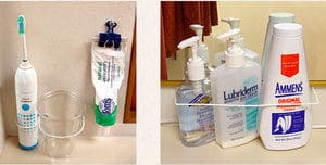 Organize your toiletries using an old coat hanger and binder clips.