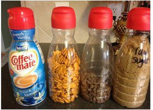 RV space solution: re-purpose coffee creamer bottles to store food