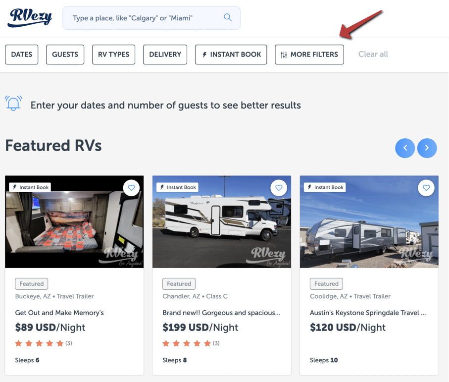 Outdoorsy RV Rental Company rvezy rental filters
