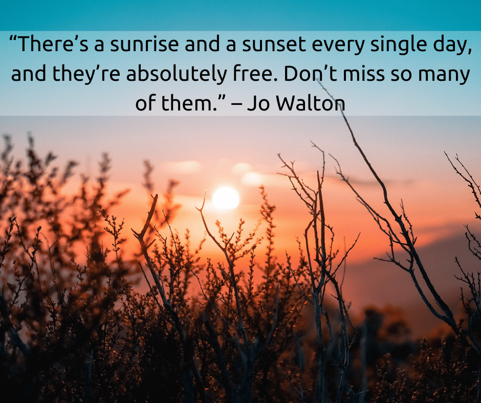 “There’s a sunrise and a sunset every single day, and they’re absolutely free. Don’t miss so many of them.” – Jo Walton