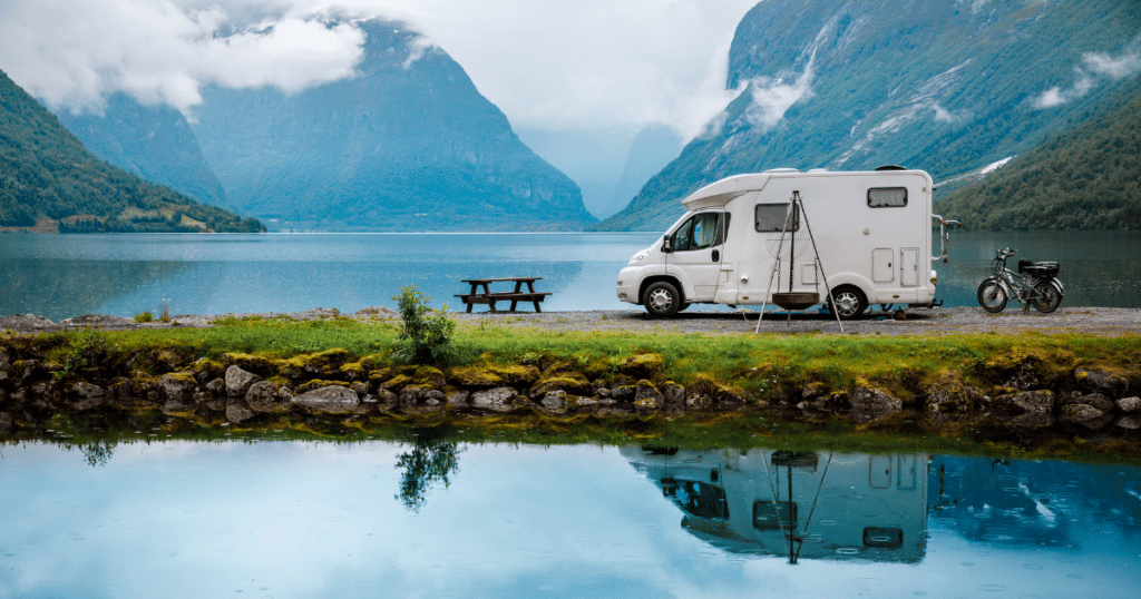 Class B RV with a beautiful lake view