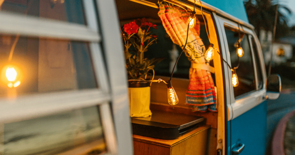 Cute lights hung on a campervan